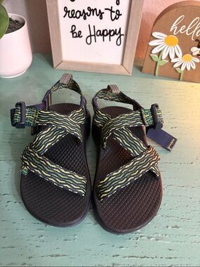 Chaco Kids Sandals in Black with Yellow and Green Patterned Straps